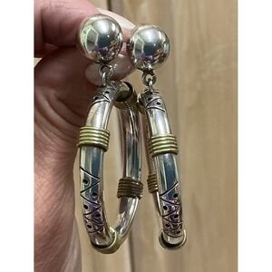 925‎ Mexico Vintage Sterling Silver Gold Tone Aztec Hoop Earrings